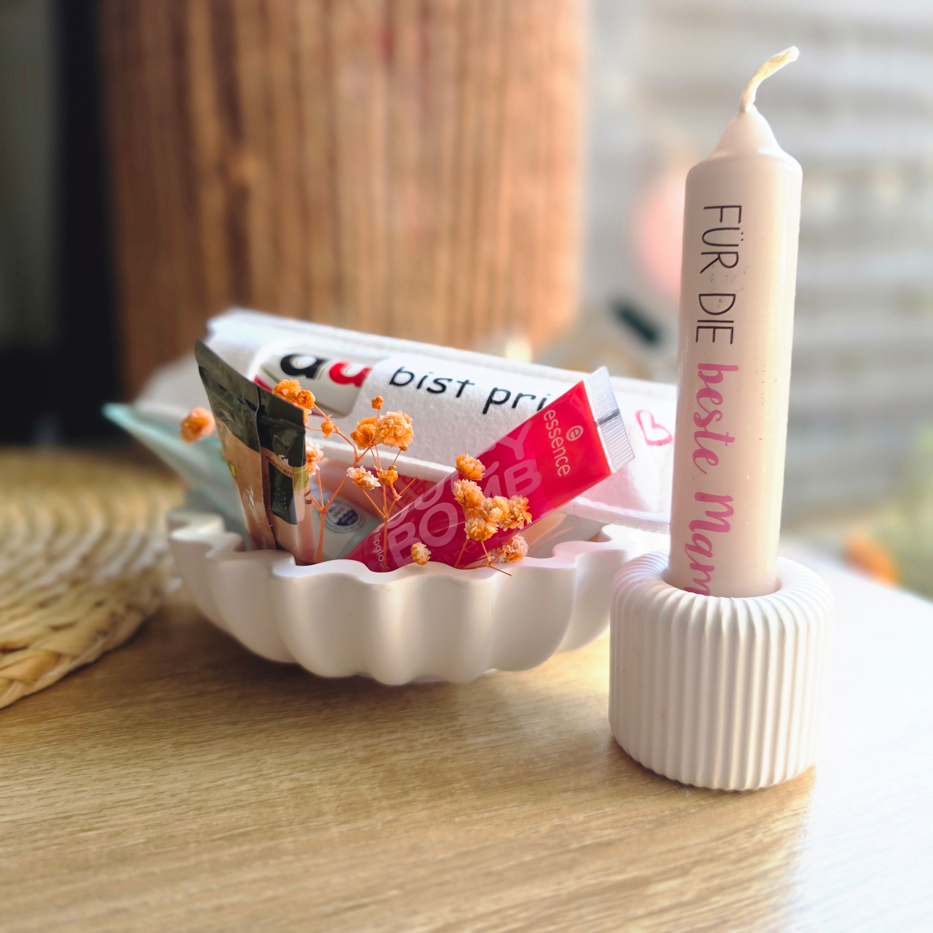 Muttertag Geschenkset – Schale mit Kerze & Kosmetik-Sampler