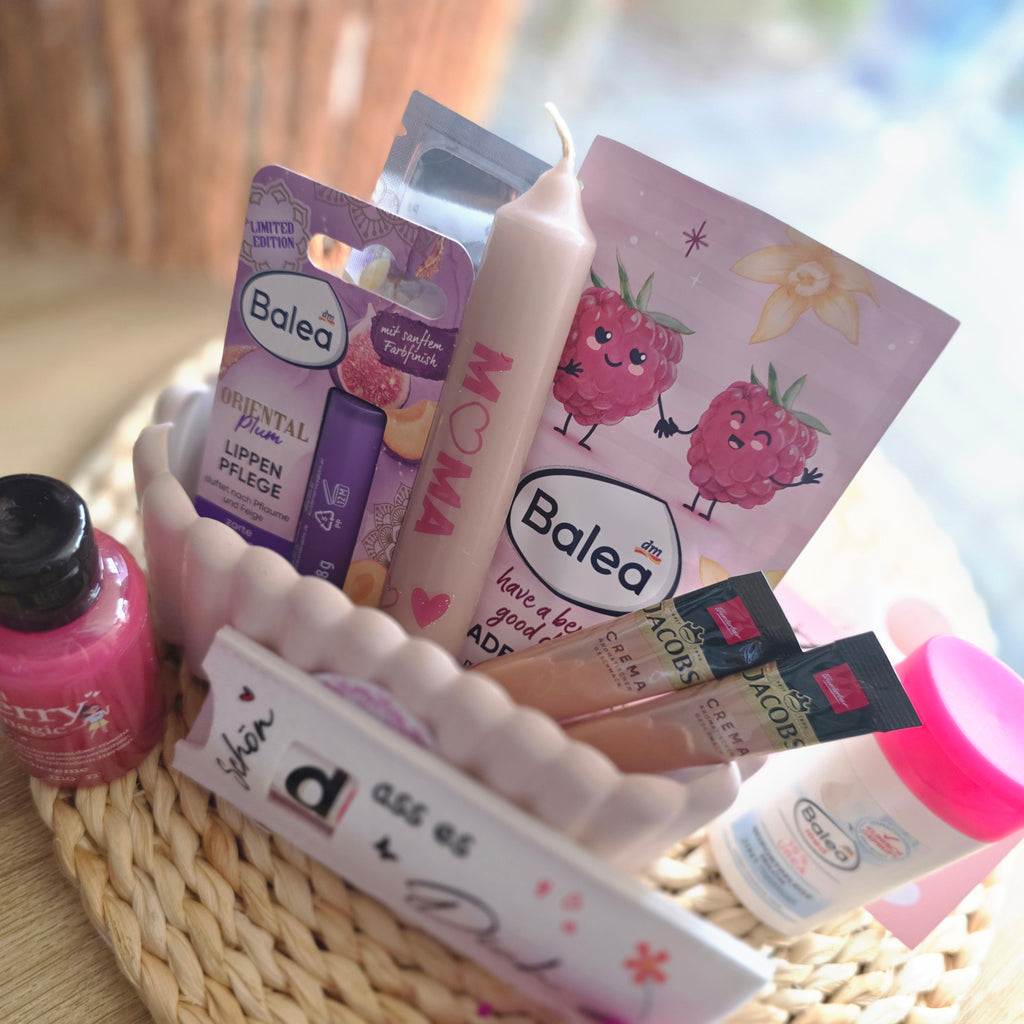 Muttertag Geschenkset – Rechteckige Schale Danke mit Kosmetik & Kaffee